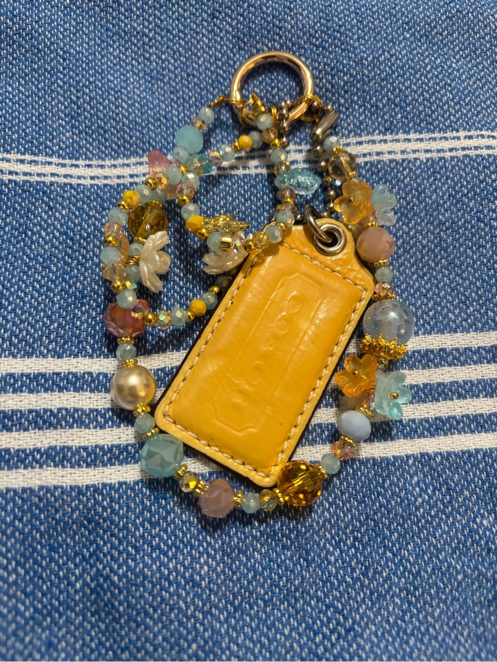 Coach Yellow Leather Tag with Beaded Charm Necklace with Floral Accents